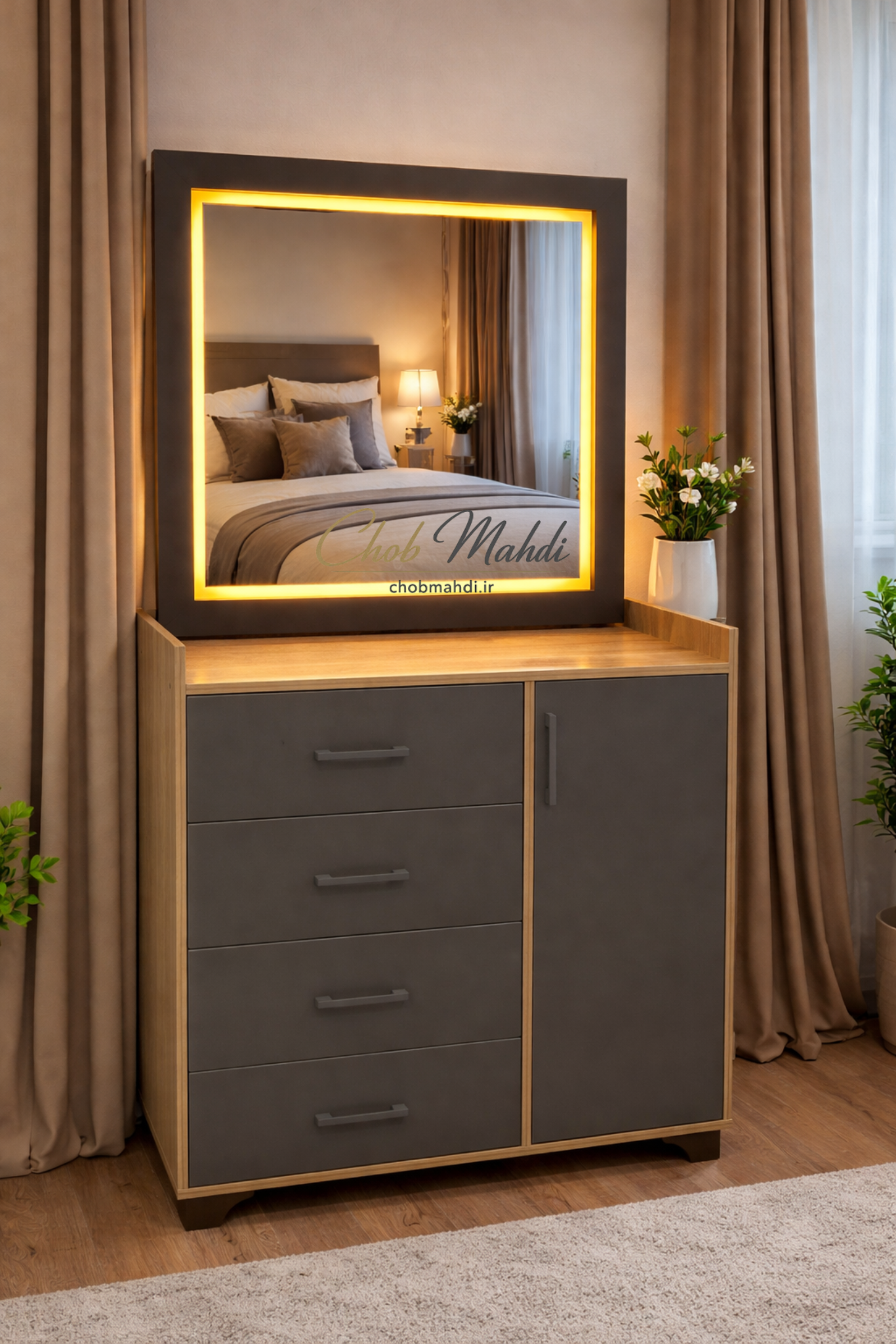 میز آرایش مدرن آینه‌ LED - ترکیب طوسی و چوب با نور مخفی گرم