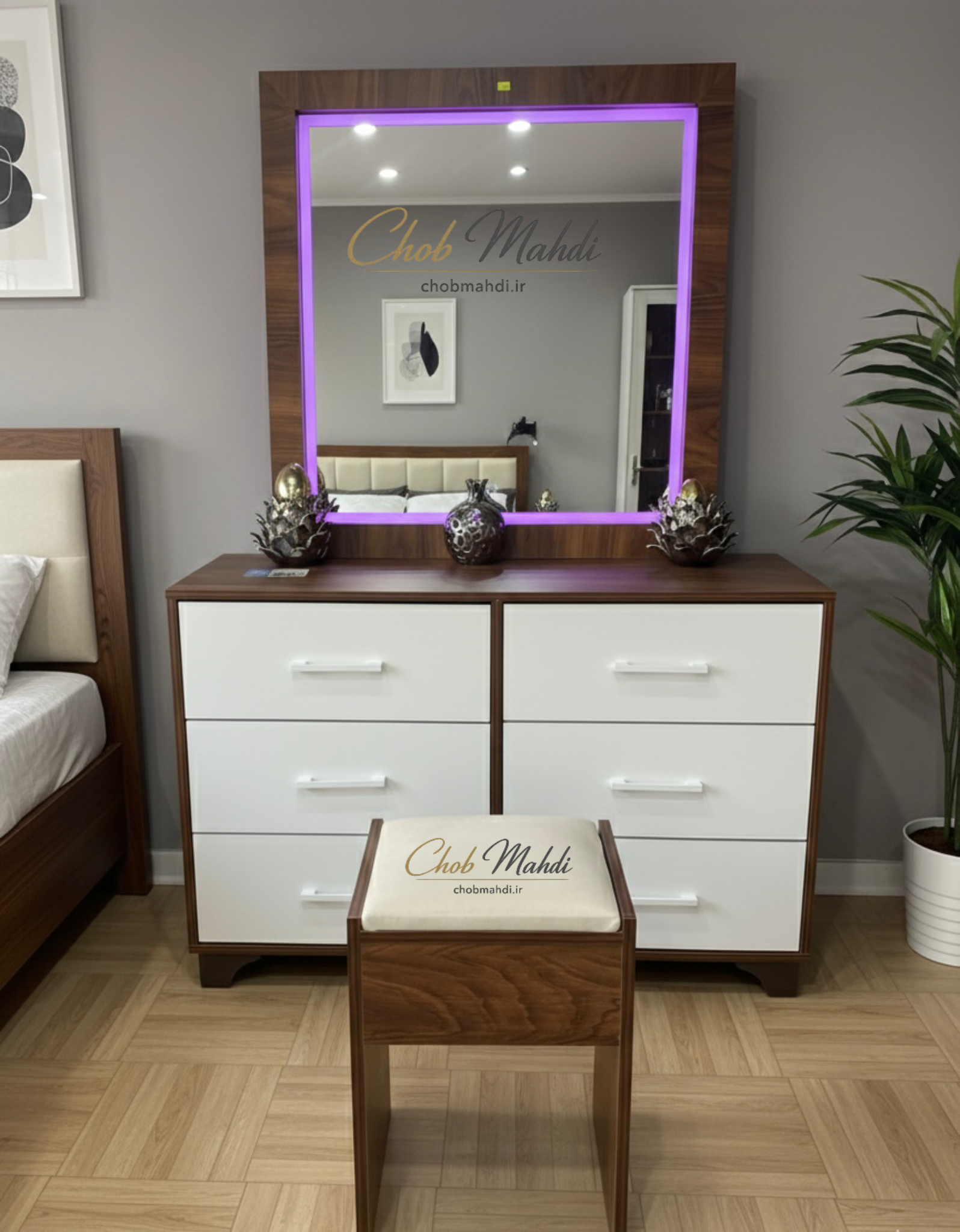 میز آرایش و دراور ۶ کشو با آینه LED و صندلی