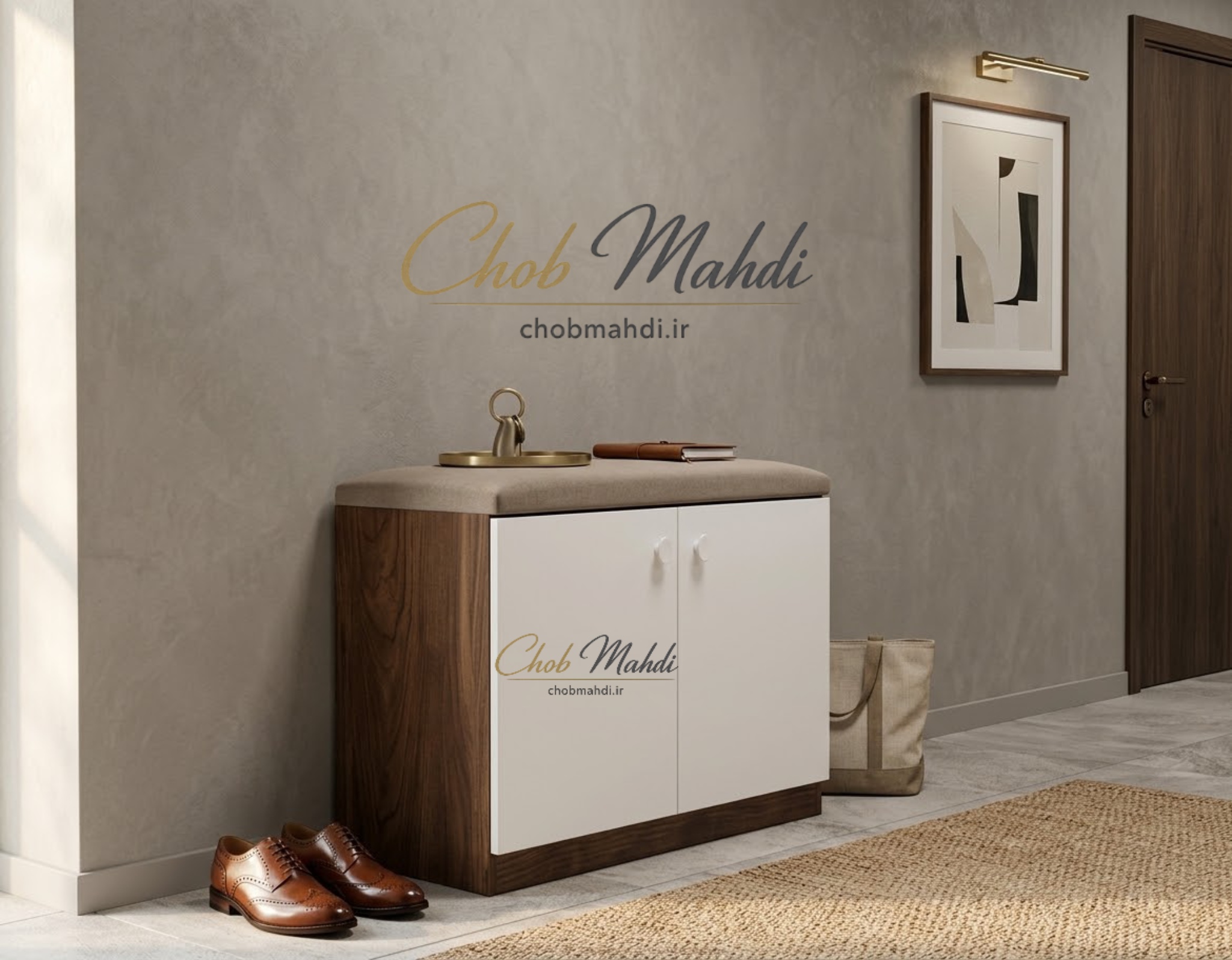 جاکفشی نشیمن دار 2 درب رنگ سفید و کلیاف ابعاد 60*80